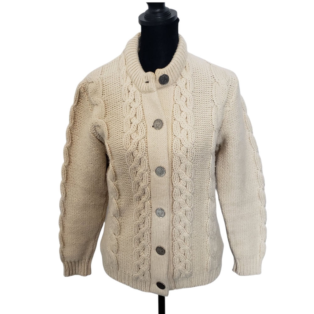 Stapf Sportswear Tyrol Beige Pure Wool Chunky Cable Knit Cardigan Sweater Sz S